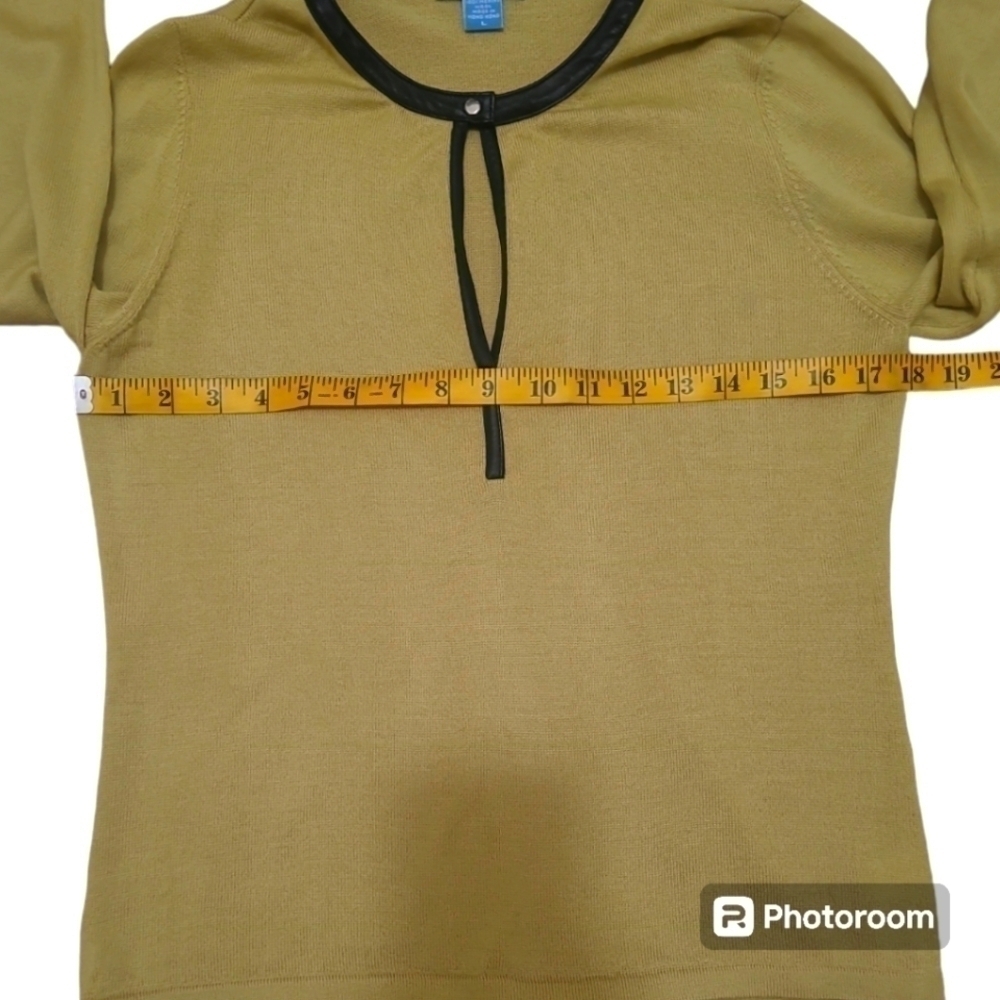 White + Warren Merino Wool Lime Green Sweater Black Leather Trim Size Large - Picture 10 of 13